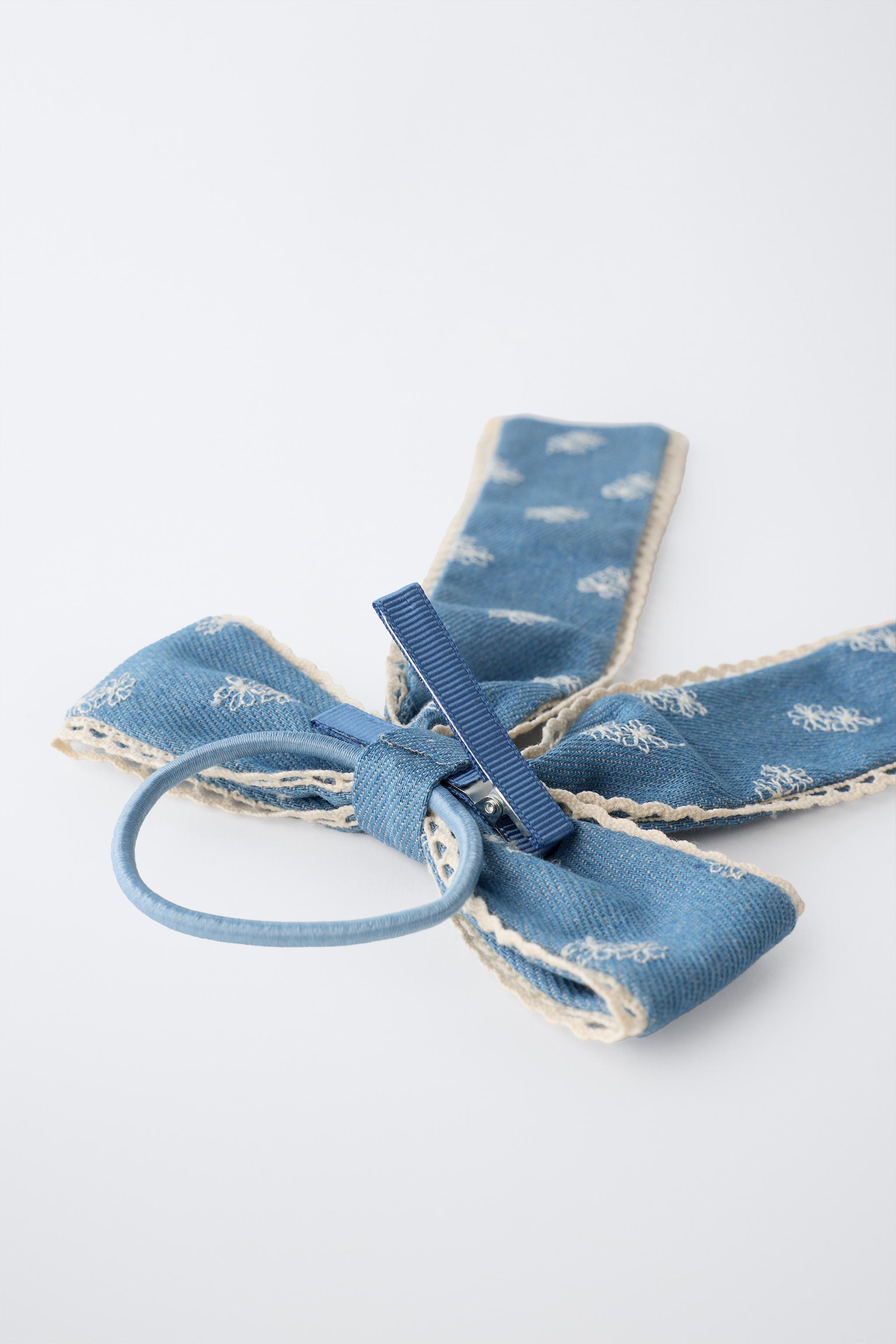 EMBROIDERED DENIM BOW HAIR CLAW